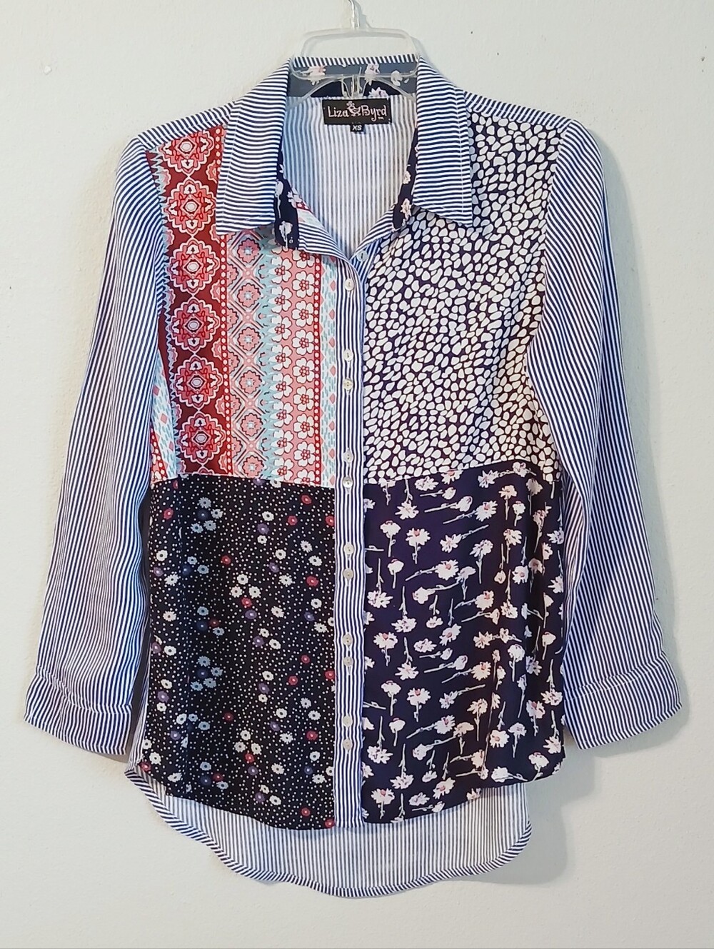 Liza Byrd Patchwork Button-Up Blouse in Blue and Red Size XS Boho